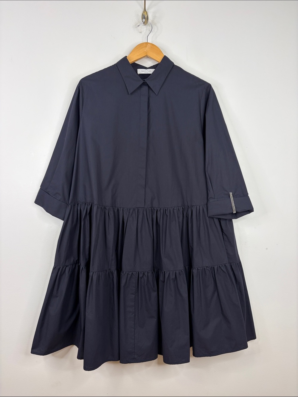 New Fabiana Filippi Shirtdress Womens US 12 XL Navy Blue Cotton Tiered Loose Fit